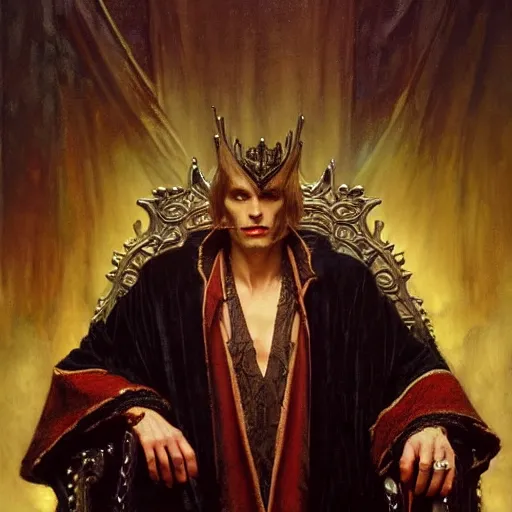 Image similar to perfectly centered portrait of attractive vampire king in a robe sitting on a throne of bones, highly detailed painting by gaston bussiere, craig mullins, j. c. leyendecker, 8 k