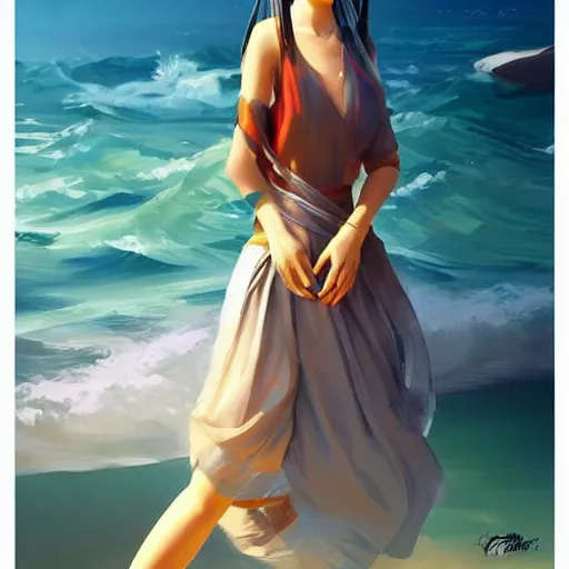 Image similar to asian sun goddess wearing modern clothing, portrait,! sundress!,! high ponytail!, slice of life, modern instagram influencer, beach and ocean in the background, highly detailed, digital painting, artstation, concept art, sharp focus, illustration, cinematic lighting, art by artgerm and greg rutkowski and alphonse mucha