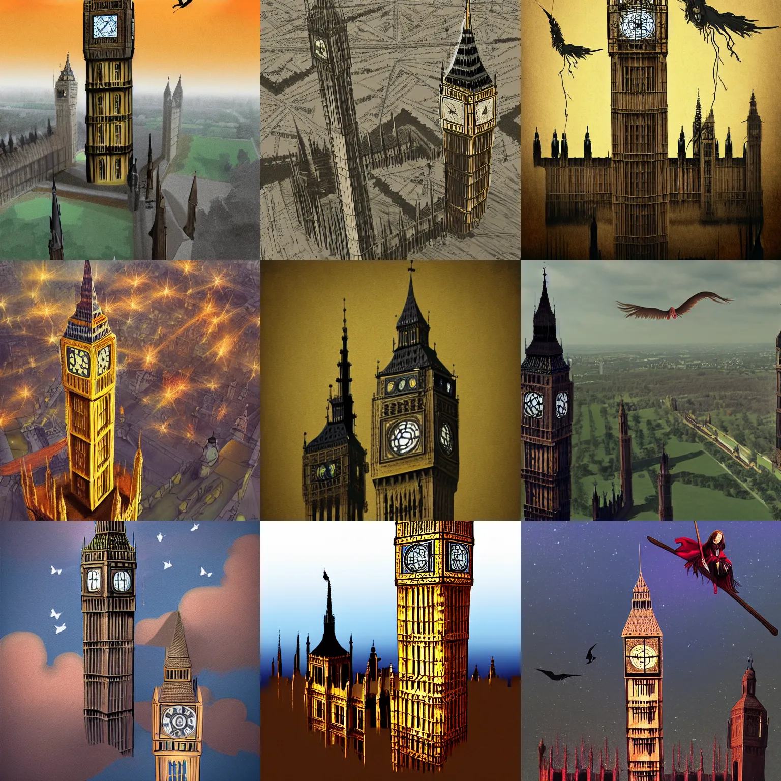 Prompt: aerial picture of a witch on a broomstick flying next to big ben, creepy, digital art, artstation