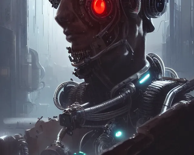 Prompt: portrait photo of a cyborg with glowing eyes and chrome skin wired up to a machine in post apocalyptic cyberpunk wasteland. art by greg rutkowski. highly detailed 8 k. vibrant. bright. intricate. lifelike. soft light. nikon d 8 5 0.