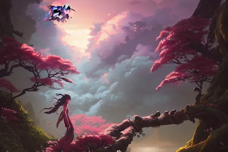 Image similar to dragon, cherry blossoms, thunder, unreal engine, fantasy art by greg rutkowski, loish, rhads, ferdinand knab, makoto shinkai and lois van baarle, ilya kuvshinov, rossdraws, tom bagshaw, global illumination, radiant light, detailed and intricate environment