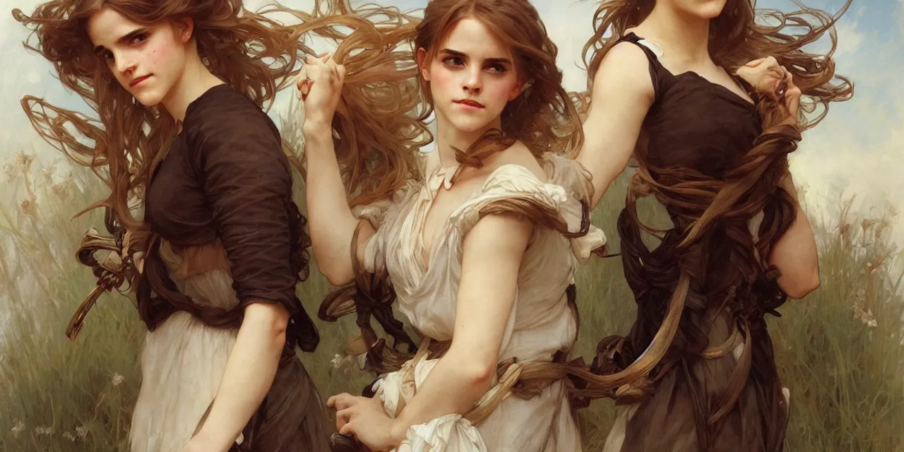 Prompt: emma watson southern belle style artgerm greg rutkowski alphonse mucha william adolphe bouguereau