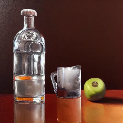 Image similar to a hyper-realistic studio still-life oil-painting of a-bottle-of-vodka; hyper-detailed; an extraordinary masterpiece!!!; flawless; trending on artstation