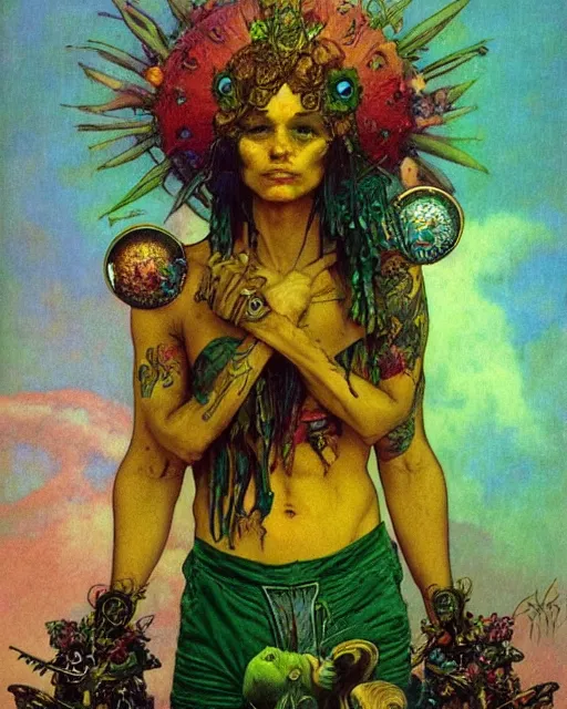 Image similar to rainbow flowerpunk portrait of a skateboarding tattooed green god by paul lehr, beksinski, alphonse mucha, jesper ejsing