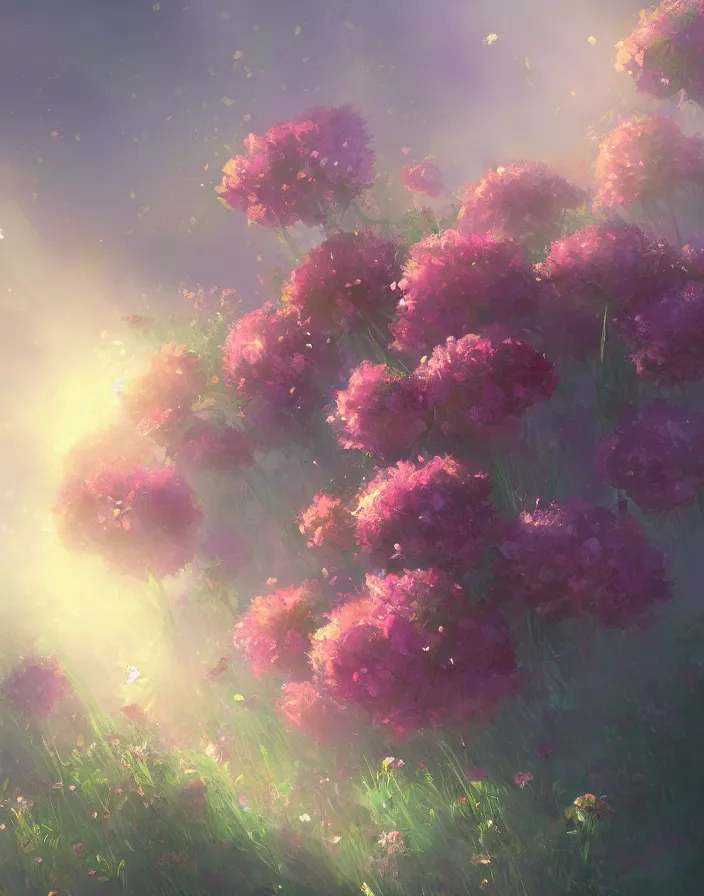 Image similar to beautiful flower bouquet, concept art, daytime ethereal anime, high detail Impressionist style, dreamy light color palette, style of studio ghibli and moebius, concept art stunning atmosphere, trending on artstation, volumetric light