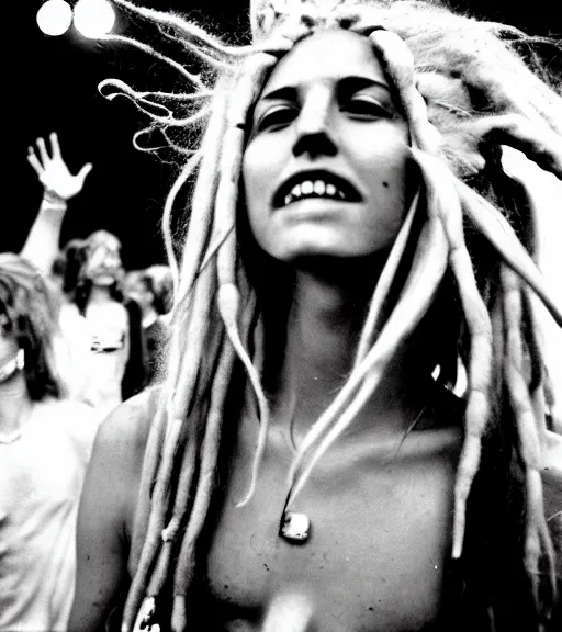 Image similar to portrait of a stunningly beautiful hippie girl with shoulder length blonde dreadlocks dancing at a rave festival, by bruce davidson