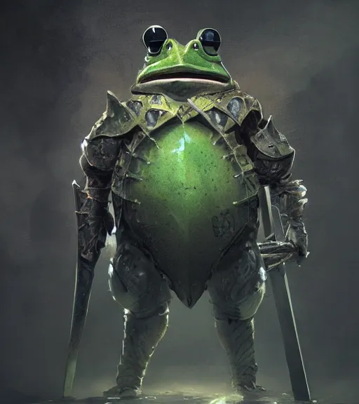 Image similar to a frog knight holding a shield, battle armor, atmospheric lighting painted intricate volumetric lighting, beautiful, sharp focus, ultra detailed by leesha hannigan, ross tran, thierry doizon, kai carpenter, ignacio fernandez rios