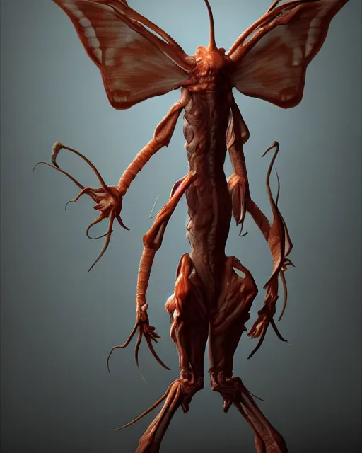 Image similar to pale long-armed demon inspired by moths, cgsociety, detailed, unreal engine, textured, cinematic, character design