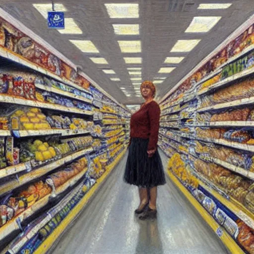 Image similar to portrait of a female survivor in the empty supermarket, by donato giancola.