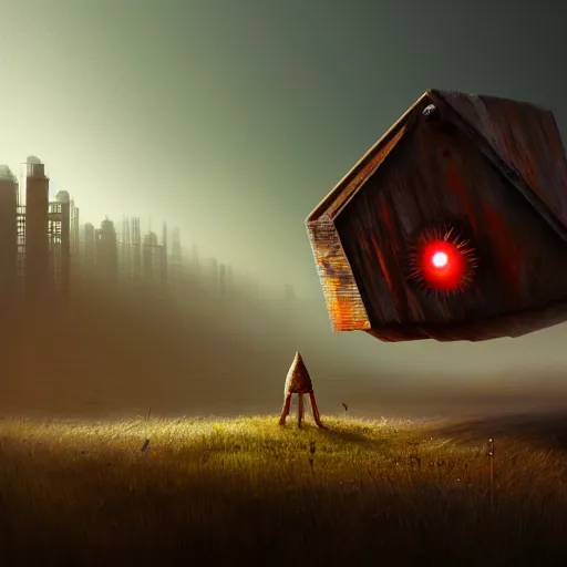 Image similar to a walking wood and metal house with two mechanical legs and two glowing eyes, rust, hyperrealistic, pareidolia, highly detailed, cinematic, single ray of sun, morning, fog, city in background, beautiful, cgssociety, artstation, 8 k, oil painting, digital art