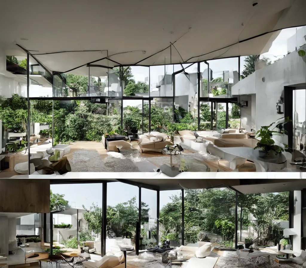 Image similar to a modern interior design, living room, residential design, floor - to - ceiling windows, and garden landscape outside the window ， by gracinha viterbo, trending ，