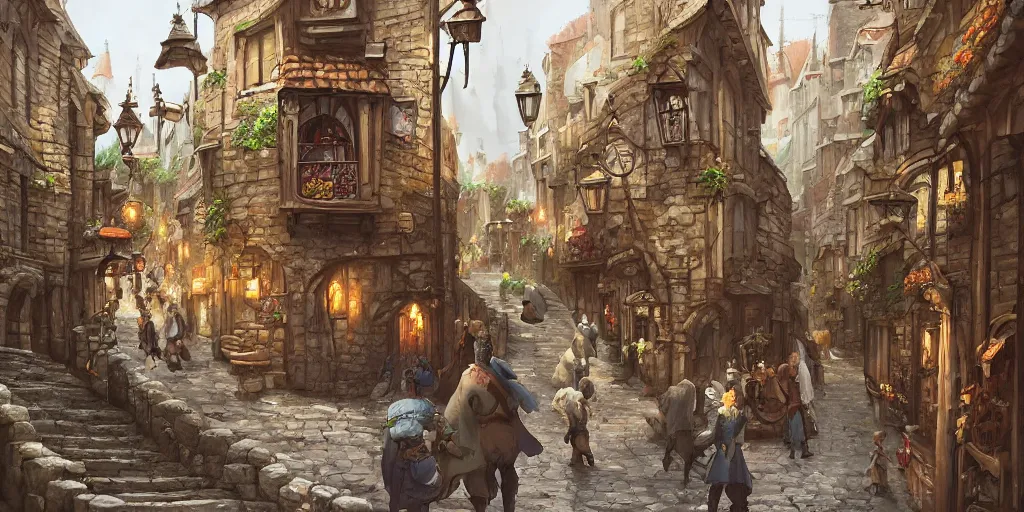 Image similar to a busy fantasy street within a fascinating old city, quirky shops, narrow streets, old buildings, cobblestones on the ground, stone steps, street life, by Sylvain Sarrailh, single street, cinematic, simple but effective composition, clean lines, beautiful digital painting, oil painting, detailed, dungeons and dragons, lord of the rings