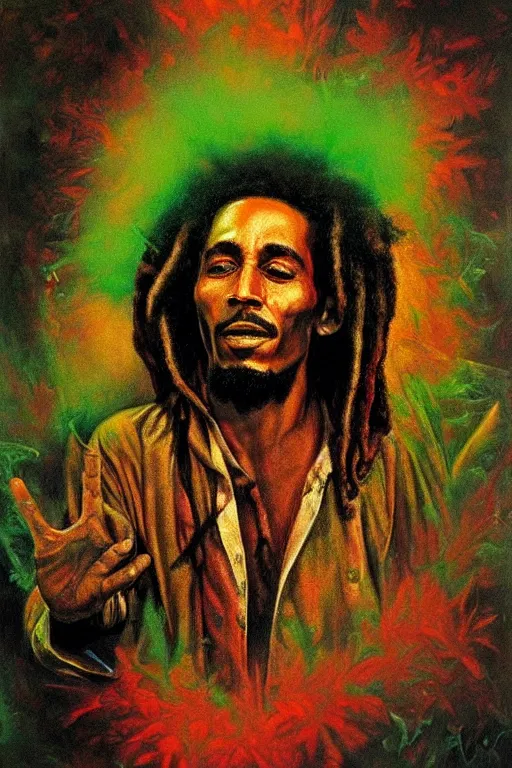 Prompt: hyper realistic portrait painting of bob marley ( intrincate detail, hot neon green ornaments, marijuana ) wet, marijuana buds, by saturno butto, boris vallejo, austin osman spare and david kassan, by bussiere. occult art, occult diagram, red and green color scheme.