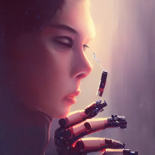 Prompt: a portrait of an attractive robot smoking by greg rutkowski, sung choi, mitchell mohrhauser, maciej kuciara, johnson ting, maxim verehin, peter konig, 8 k photorealistic, cinematic lighting, hd, high details, dramatic, dark atmosphere, trending on artstation