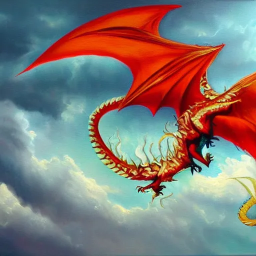 Prompt: award winning oil painting of a lightning dragon, the dragon is made of panes of colored glass, flying in the clouds
