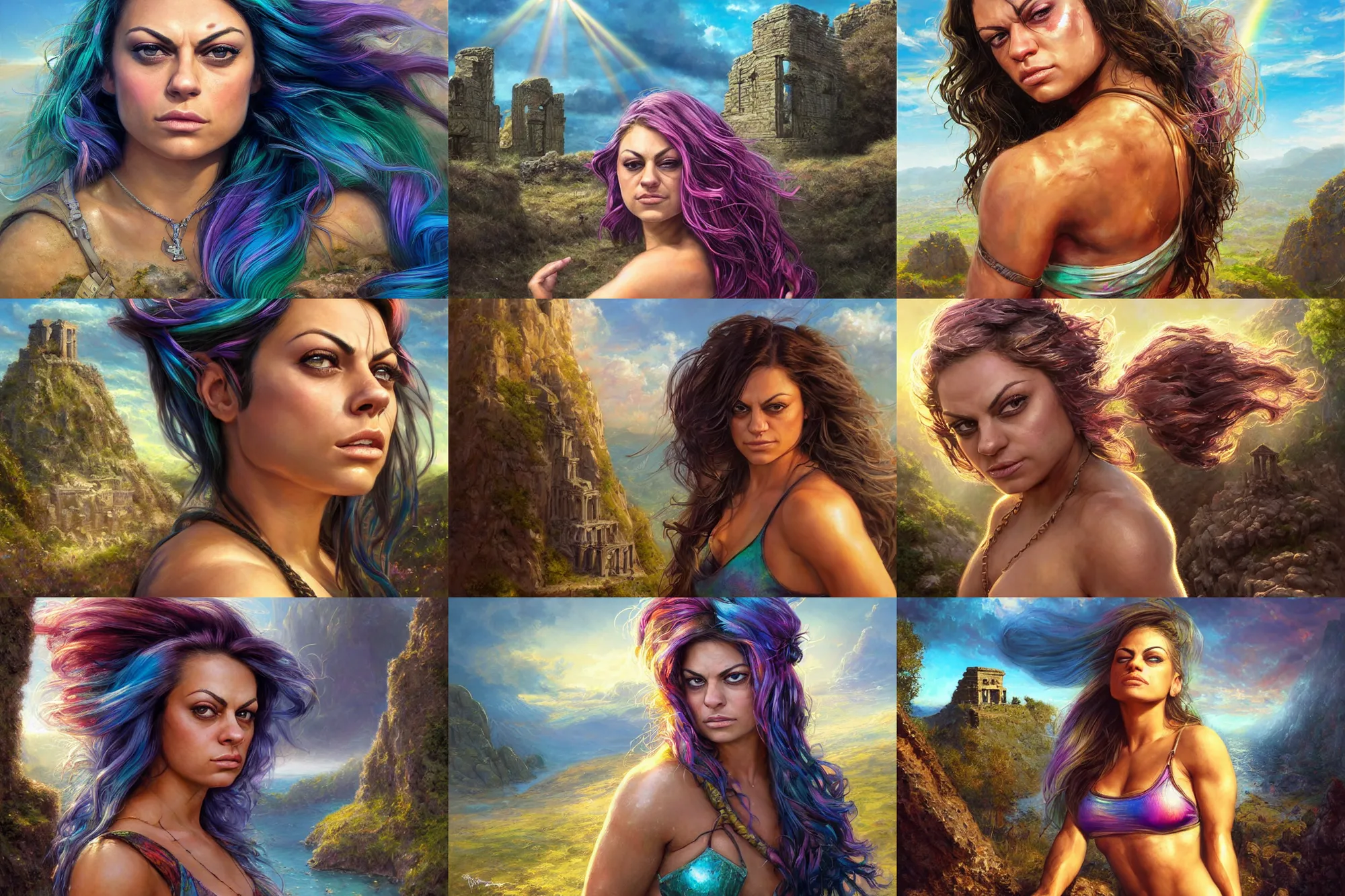 Prompt: cute face portrait of muscled Mila Kunis with rainbow hair chilling on a rock, sun down golden hour , ancient ruins, sun ray prisms through wind swept saturated pollen, intricate, highly detailed, epic vista, very crispy, Ralph Horsley, Daniel F. Gerhartz, Artgerm, Boris Villajo, Lilia Alvarado