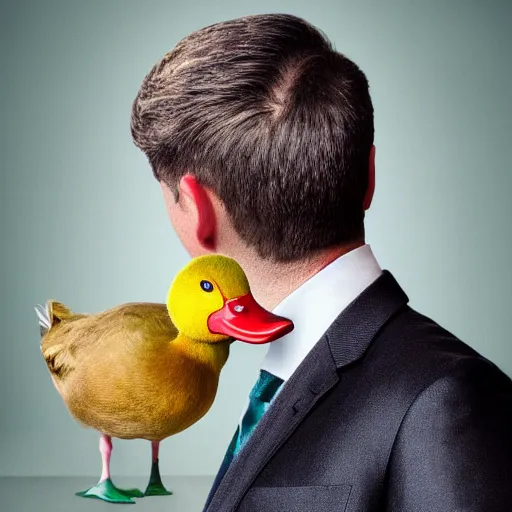 Image similar to a high detail photo of a man with a duck's head wearing a suit, photorealism