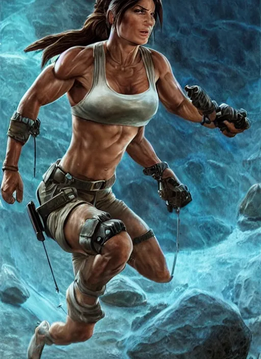 Image similar to muscled Sandra Bullock as Lara Croft as a ruggedly handsome heroine looking directly into the camera, jumping off a glowing artifact lodged in shallow blue glowing water, intricate, elegant, highly detailed, artstation, concept art, smooth, sharp focus, illustration, bokeh art by artgerm and donato giancola and Joseph Christian Leyendecker, WLOP, fireflies, distant snowstorm and thunder