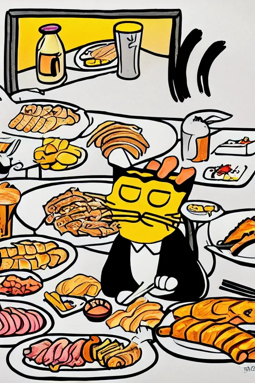 Image similar to drawing of a cat eating korean bbq by matt groening