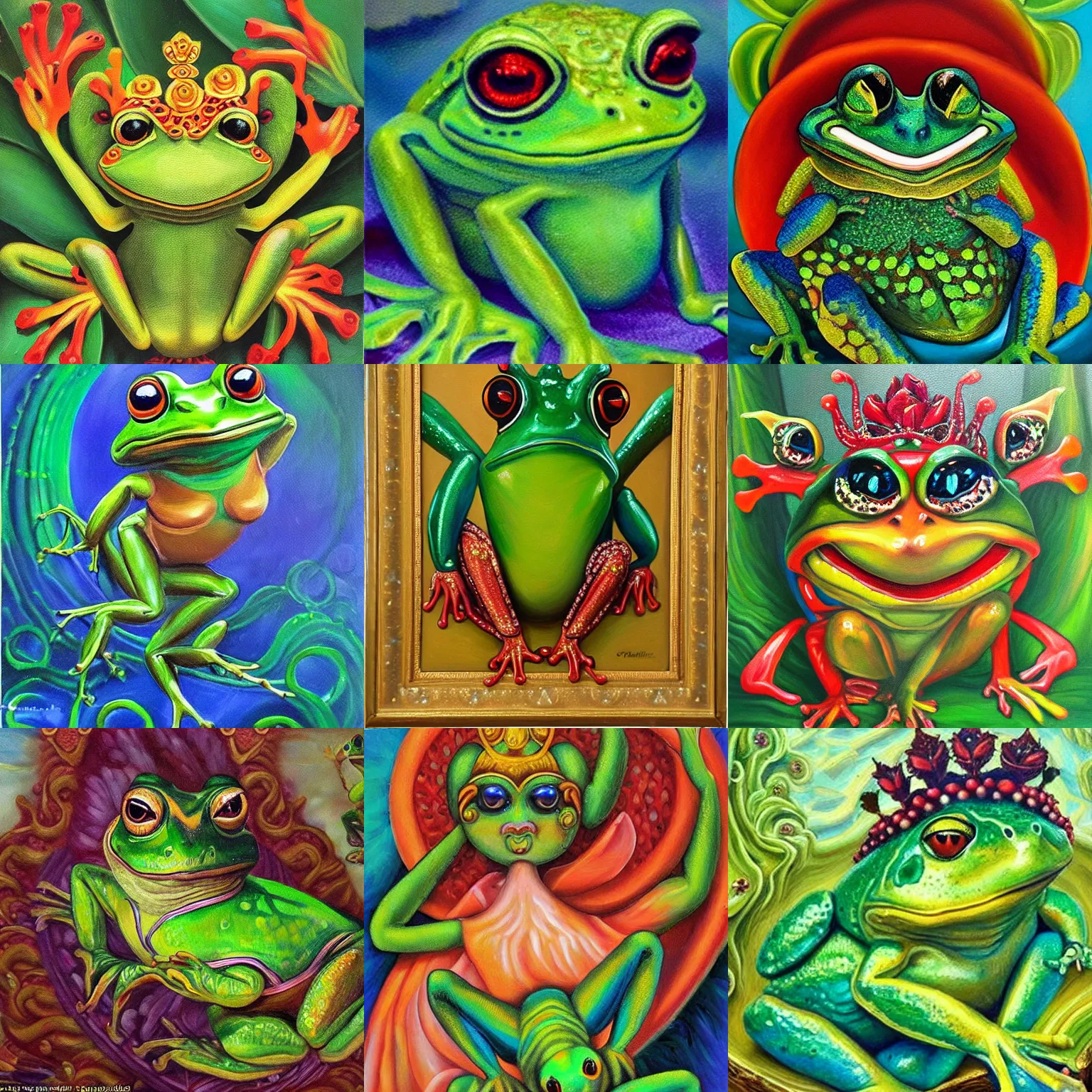 Prompt: magnificent and splendid oil painting of the shining Goddess frog, the shining goddess is a frog