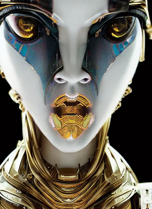 Prompt: close up portrait of a futuristic geisha cyborg, in the style of ghost in the shell, kintsugi, modern fine art, fractal, intricate, elegant, highly detailed, digital photography, richard avedon and greg rutkowski,