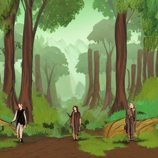 Prompt: a valley with tall trees and two hobbits walking through the forest in the style of Tolkien