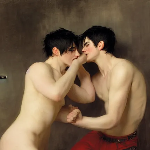 Prompt: twin brothers with black hair and blue eyes play fighting. Ruan Jia. JC Leyendecker. Karlkka