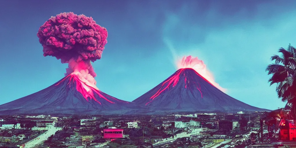 Image similar to a synthwave volcano eruption