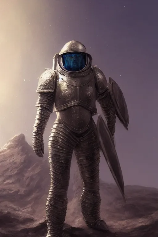 Image similar to crusader in armor standing in moon crater, highly detailed, d & d, fantasy, highly detailed, digital painting, trending on artstation, concept art, sharp focus, illustration, global illumination, ray tracing, realistic shaded, art by artgerm and greg rutkowski and fuji choko and viktoria gavrilenko and hoang lap, sunny