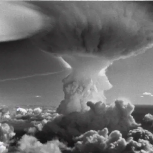 Prompt: newsreel footage of a nuclear explosion