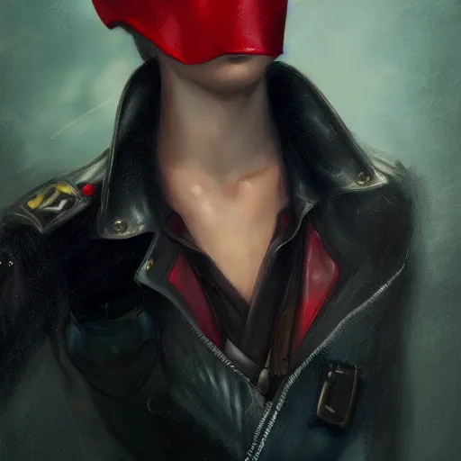 Image similar to portrait of an experienced young ranger with green eyes and short black hair wearing a red hood and a leather vest, artwork by Charlie Bowater, 8k resolution, trending on art station