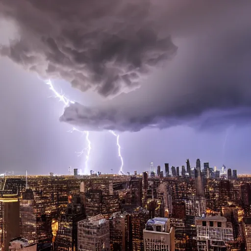 Prompt: Professional photo of an epic thunderstorm over NYC, view from Brooklyn Heights, wide lens, Nikon DSLR, real, realistic, high resolution 8k, drone footage, 500px