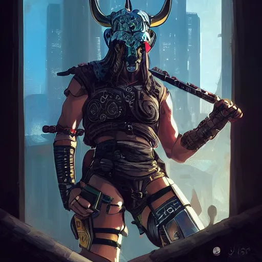 Image similar to cyberpunk viking helmet mask warrior goddess robot ninja fantasy, art gta 5 cover, official fanart behance hd artstation by jesper ejsing, by rhads, makoto shinkai and lois van baarle, ilya kuvshinov, ossdraws