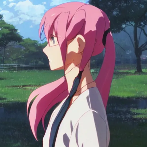 Prompt: a girl with a pink double ponytail, by makoto shinkai