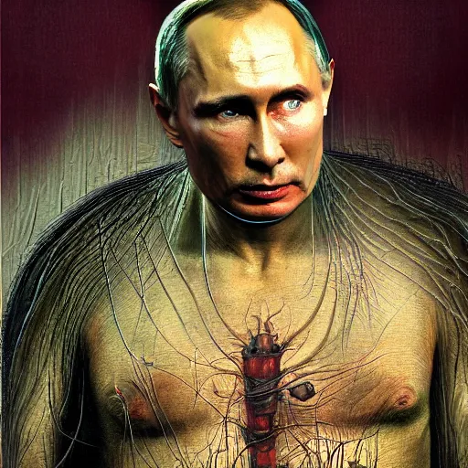 Image similar to stupid idiot degraded retard vlad putin photo - realistic, color image, hyper realistic, 2 k, highly detailed, occult art, by giger, fractal structure