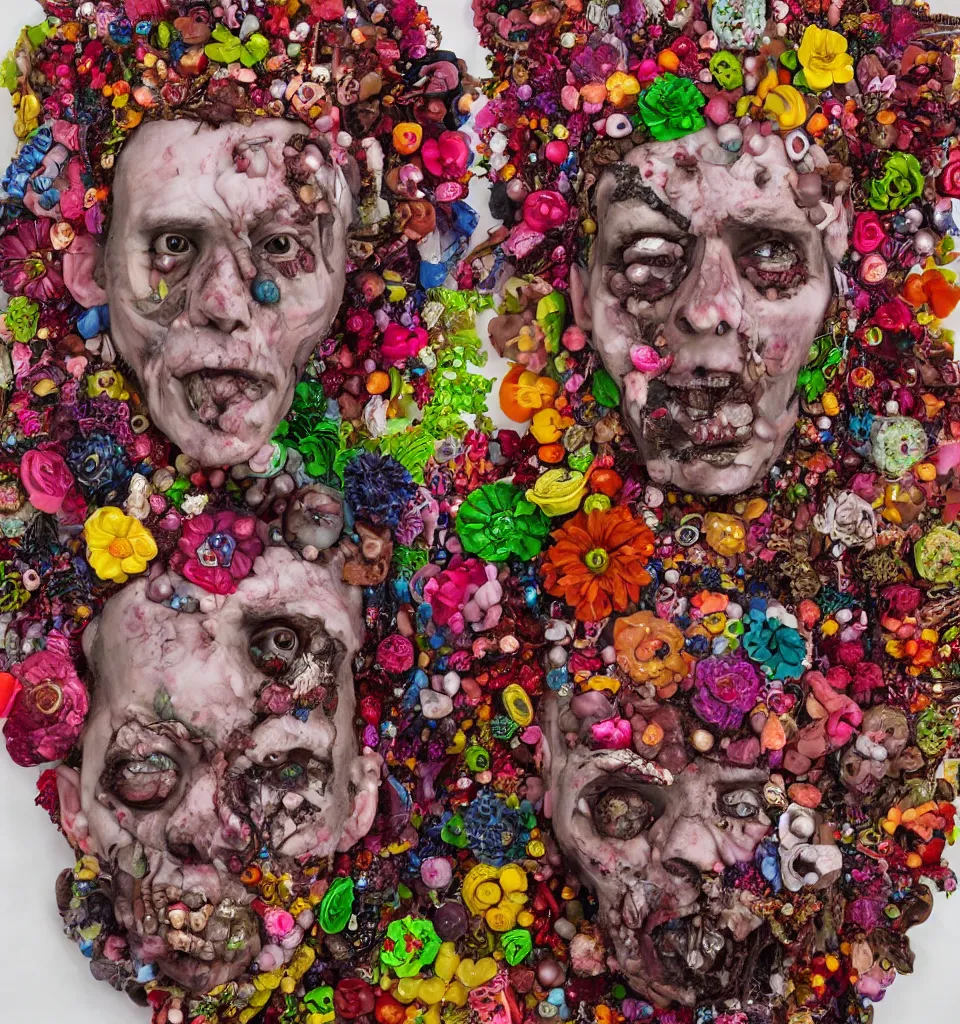 Prompt: portrait headshot of a zombie punk, head made of fruit gems and flowers in the style of arcimboldo, david altmejd, photorealistic, dynamic lighting, action figure, clay sculpture, claymation, cloudy pink background