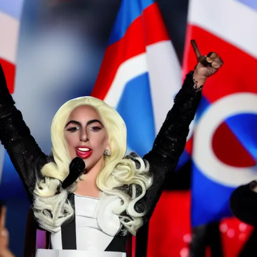 Image similar to Lady Gaga as president, Argentina presidential rally, Argentine flags behind, bokeh, giving a speech, detailed face, Argentina