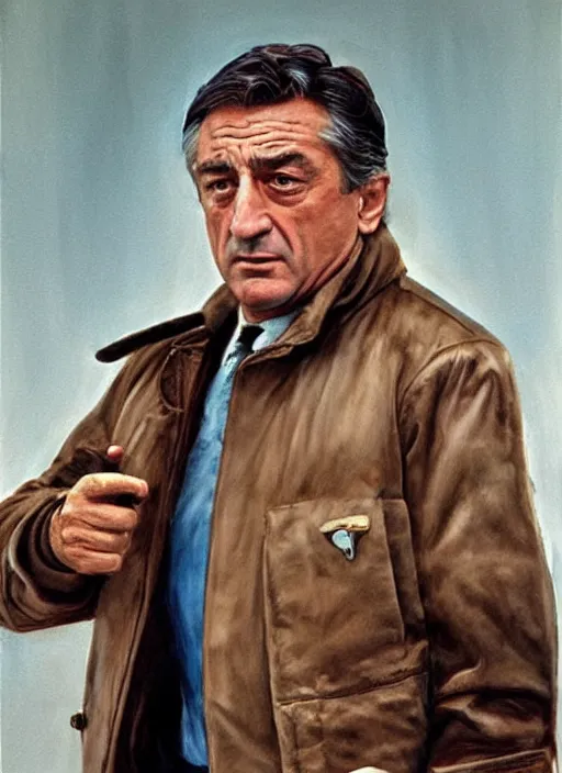 Image similar to painting of robert de niro in character as jack walsh in the movie midnight run, turning and flashing FBI badge, by Frank McCarthy