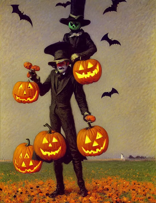 Image similar to a scarecrow with a jack - o - lantern head, holding a lantern, as a matte oil painting and d & d character art, by gustave caillebotte, standing, fullbody, flying bats, loose pages, concept art, award - winning, extremely detailed, sharp focus