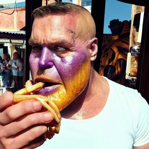 Image similar to thanos from marvel mcu eating a churros at a bar in tharros ( sardinia )