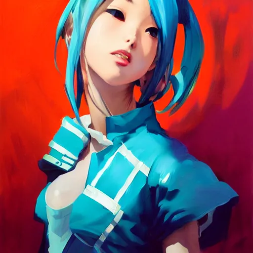 Image similar to greg manchess portrait painting of ayano keiko silica as overwatch character, turquoise hair, medium shot, asymmetrical, profile picture, organic painting, sunny day, matte painting, bold shapes, hard edges, street art, trending on artstation, by huang guangjian and gil elvgren and sachin teng