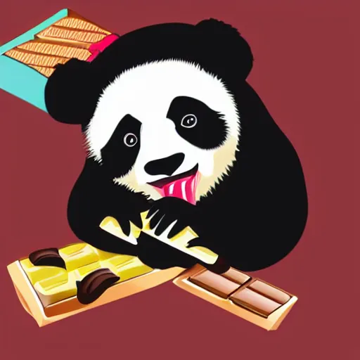 Image similar to vector artwork of a panda eating a chocolate bar, colorful illustration