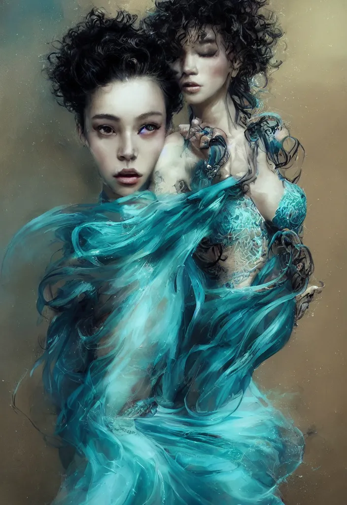 Prompt: full body portrait of a duo of 1 9 years old girl figures, curly messy high bun hairstyle, oriental tattoos, jewelry, subject wearing a high fashion gown, flowing, beautiful, dramatic, cinematic lighting, highly detailed, few vivid turquoise highlights, by ross tran and jeremy mann, artstation, pixiv, oil on canvas