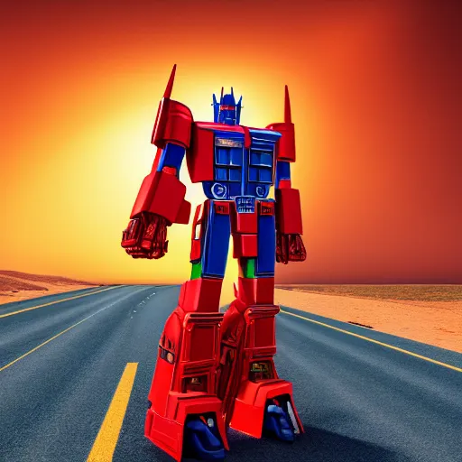 Image similar to medium portrait of optimus prime transformer emblazoned with the nigerian flag standing in the middle of a deserted highway in the sahara desert, super hero pose, dramatic sky, concept art, trending on art station, aaa video game art, hyper realism, octane render