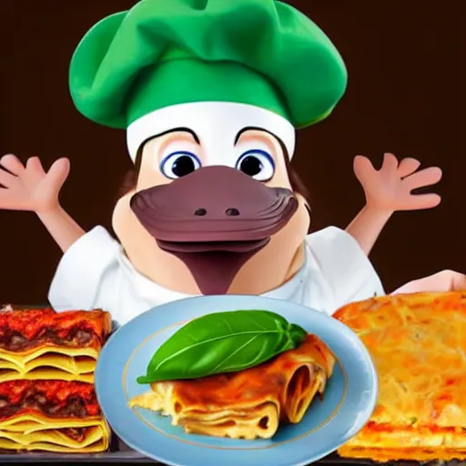 Image similar to cute platypus wearing a chef hat and holding a lasagna with three basil leaves over the lasagna, pixar style, ultradetailed