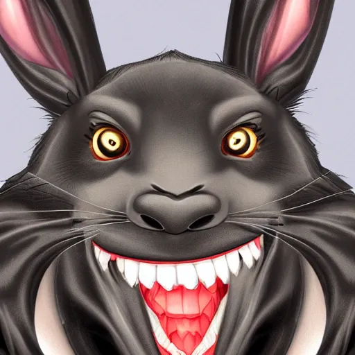 Image similar to A extremely highly detailed majestic hi-res beautiful, highly detailed head and shoulders portrait of a scary terrifying, horrifying, creepy black cartoon rabbit evil laughing standing up wearing pants and a shirt in the style of Walt Disney