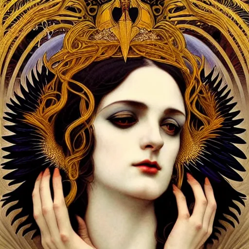 Image similar to goddess of crows, unusual beauty, emotionally evoking symbolic metaphors, head in focus, fantasy, ornamental, intricate, elegant, sensual, highly detailed digital painting, artstation, concept art, painterly, golden ratio, sharp focus, illustration, art by John Collier and Krenz Cushart and Artem Demura and Rafael and Alphonse Mucha and Albert Aublet