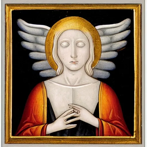 Image similar to realistic medieval painting portrait of white angel with clean narrow face like noface, 3 / 4, miracle light coming up from the head up and up, misty space, grace and blessing, sfumato effect, by by bill stoneham, renaissance, christianity, marble stone, glow effect, white background