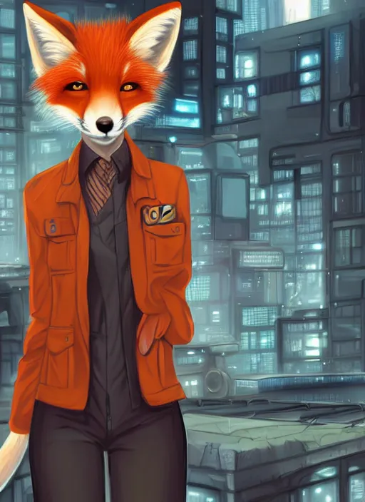 Image similar to commission of a beautiful portrait of a female anthro fox fursona wearing mechanic clothes in a industrial cyberpunk city. character design by Kinoshita Jiroh, Hyaku. Detailed, soft lighting, rendered in octane
