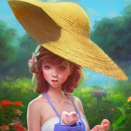 Image similar to A beautiful portrait of an anthropomorphic pig wearing a sunhat and a sundress, cute, adorable, summer, garden, vivid colors , by Stanley Artgerm Lau, WLOP, Rossdraws, James Jean, Andrei Riabovitchev, Marc Simonetti, and Sakimichan, tranding on artstation